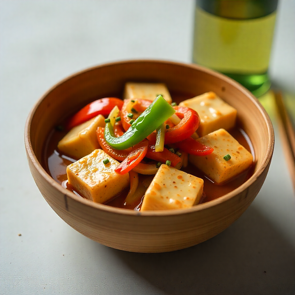 A bamboo bowl filled with kung pao tofu, featuring red, green and yellow bell peppers, onions and peanuts.