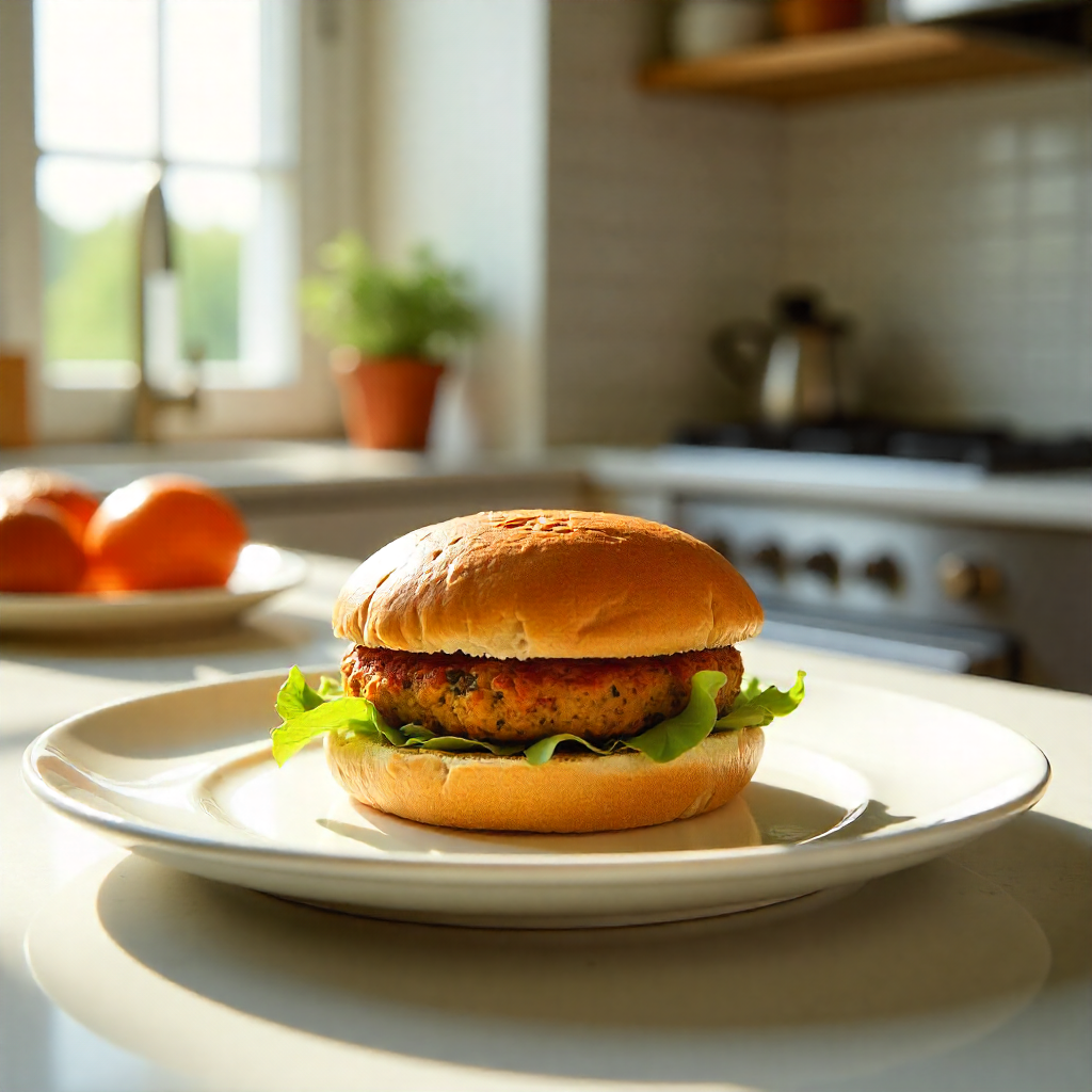 A white ceramic plate with a lentil patty placed on burger bun with lettuce.
