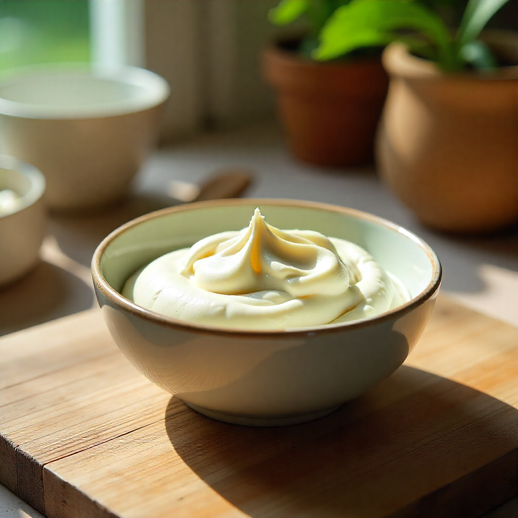 A small ceramic bowl filled with tofu cream cheese.